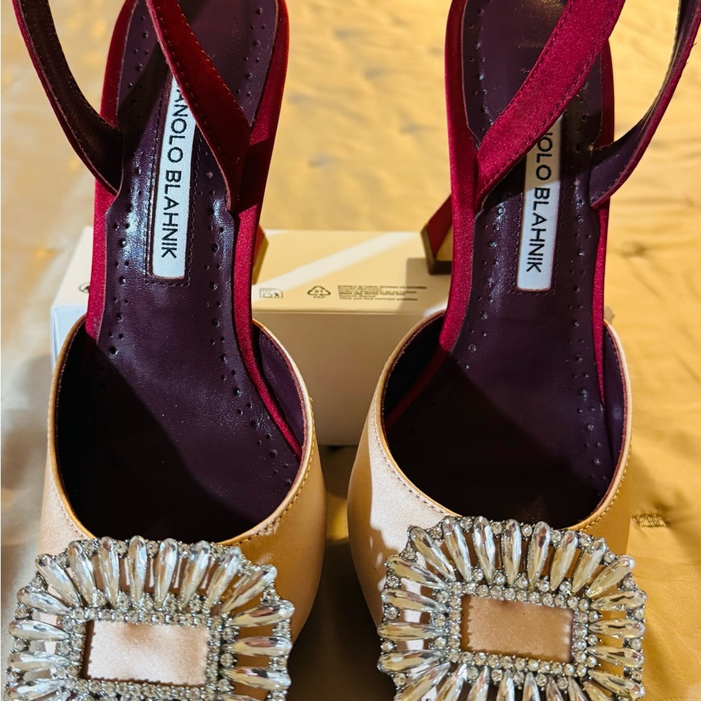 Manolo Blahnik Blush Satin Slingback Heels with Crystal Embellished Buckle
